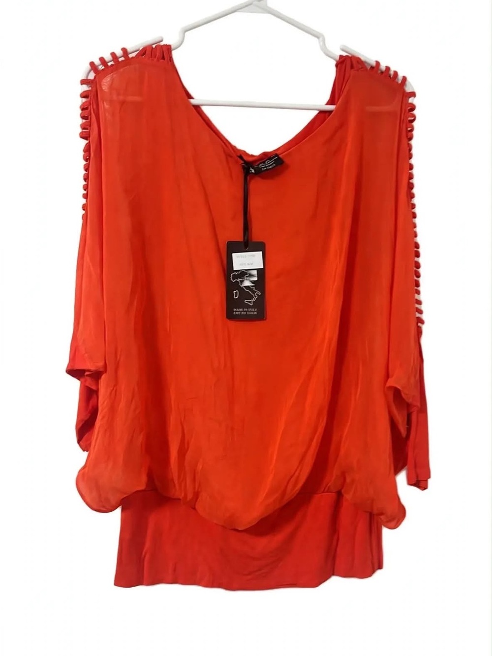 Bella Amore Made in Italy NWT S/M Orange Cold Shoulder Ladder Cutout Sheer Blous